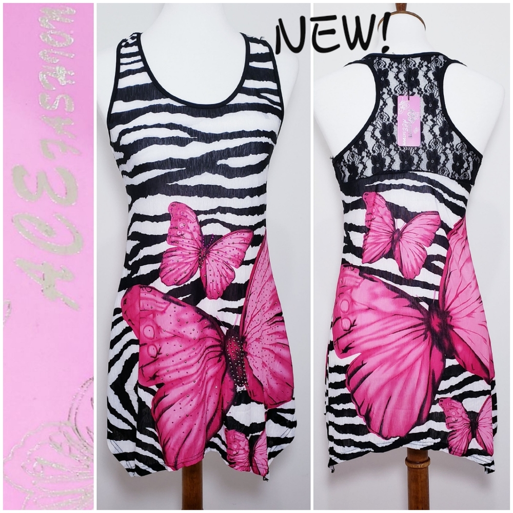 Ace Fashion NEW! racer back pink butterfly/animal print top 🤍LARGE